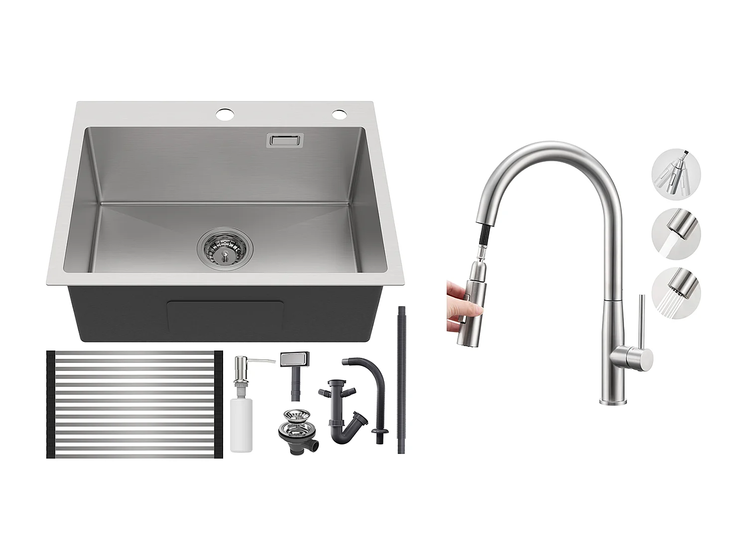 Aanrecht Keuken 1 Bak,58*45*18CM, Oprolbare Afdruiprek, Zeepdispenser + Keukenkraan met Uittrekbare Douchekop, 2 Jets Modi, Geborsteld