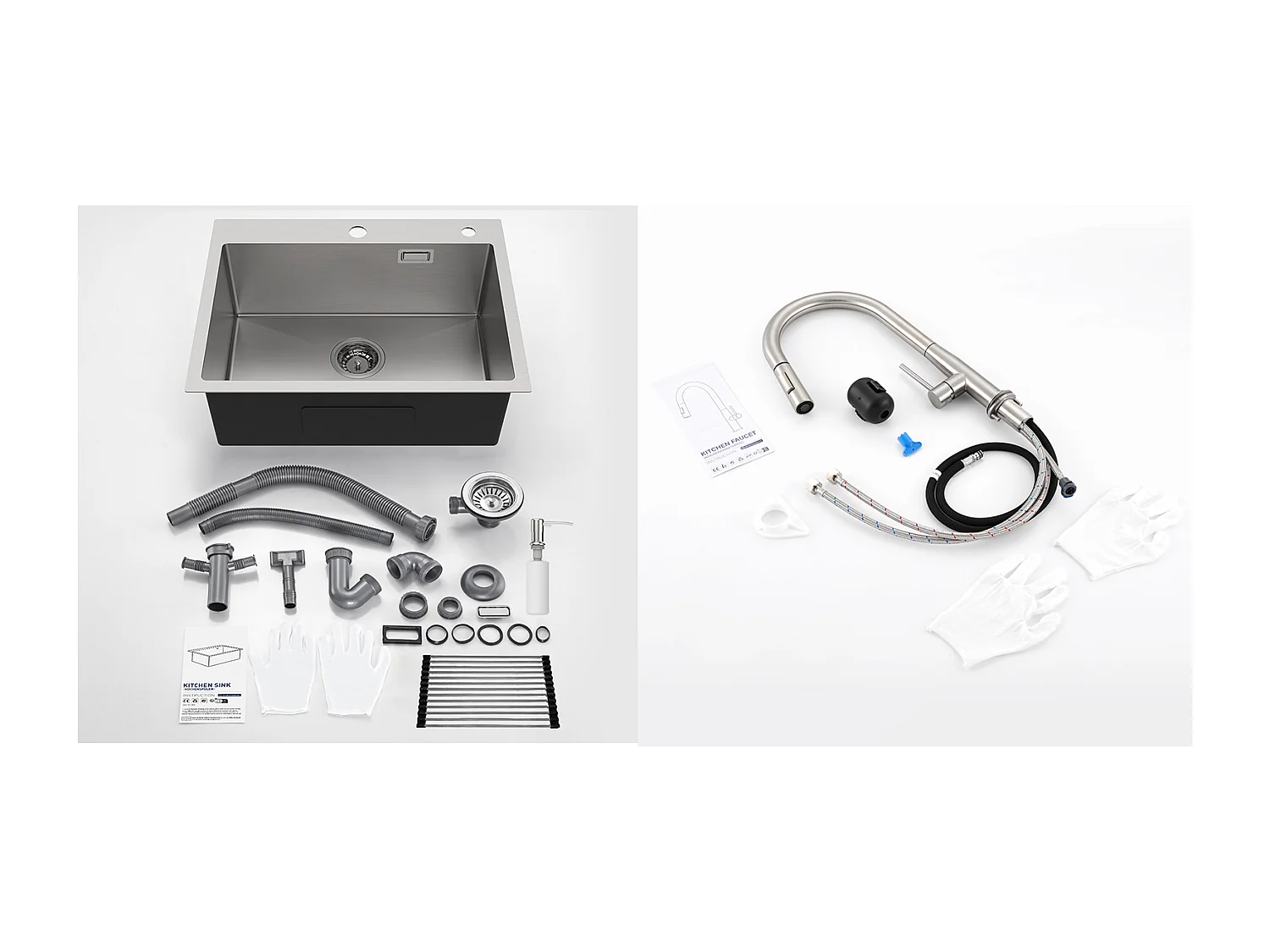 Aanrecht Keuken 1 Bak,58*45*18CM, Oprolbare Afdruiprek, Zeepdispenser + Keukenkraan met Uittrekbare Douchekop, 2 Jets Modi, Geborsteld