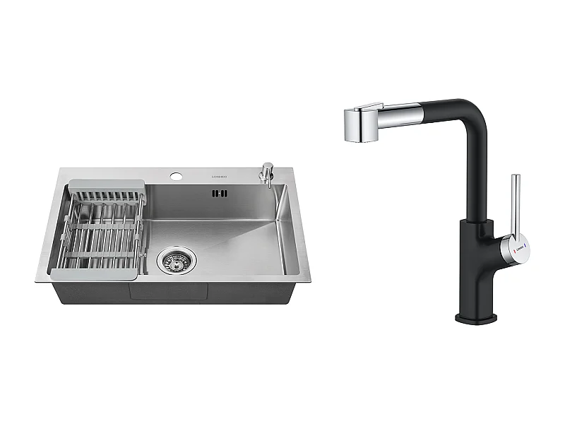 2 en1 Fregadero Cocina Cepillado 68x45x19CM con DistRubón jabón escurridor Cesta+ Grifo de Cocina Inox Extraíble