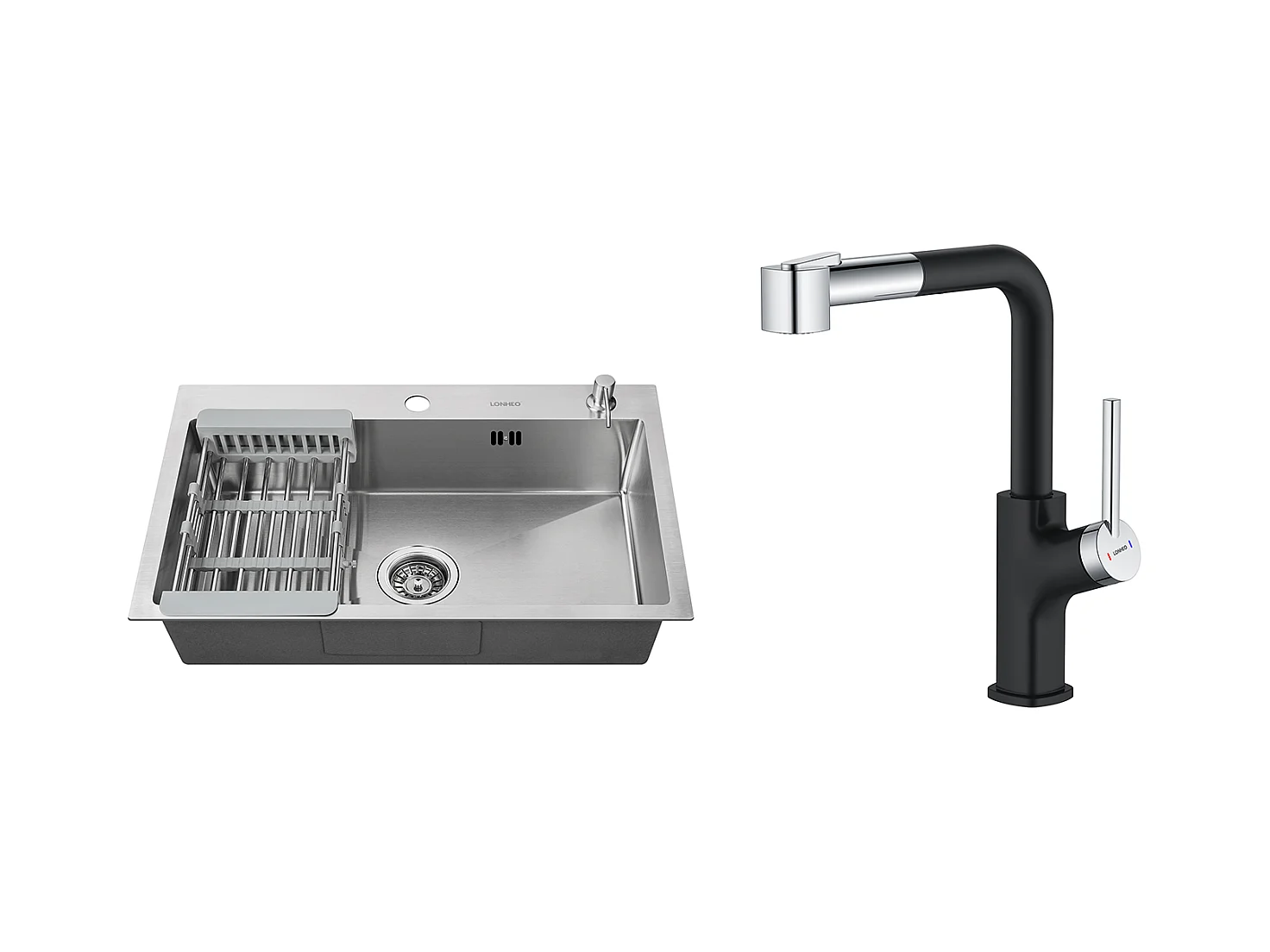 2 en1 Évier Cuisine Brossé 68x45x19CM avec Distrubuteur savon Égouttoir Panier+ Robinet de Cuisine Inox Extractible