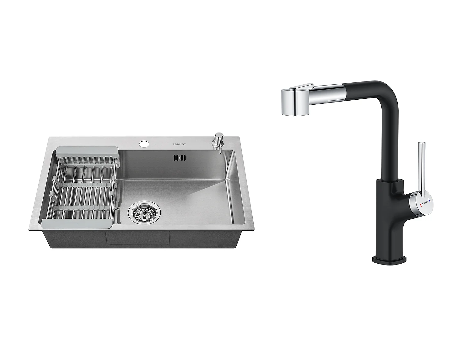 2 en1 Évier Cuisine Brossé 68x45x19CM avec Distrubuteur savon Égouttoir Panier+ Robinet de Cuisine Inox Extractible