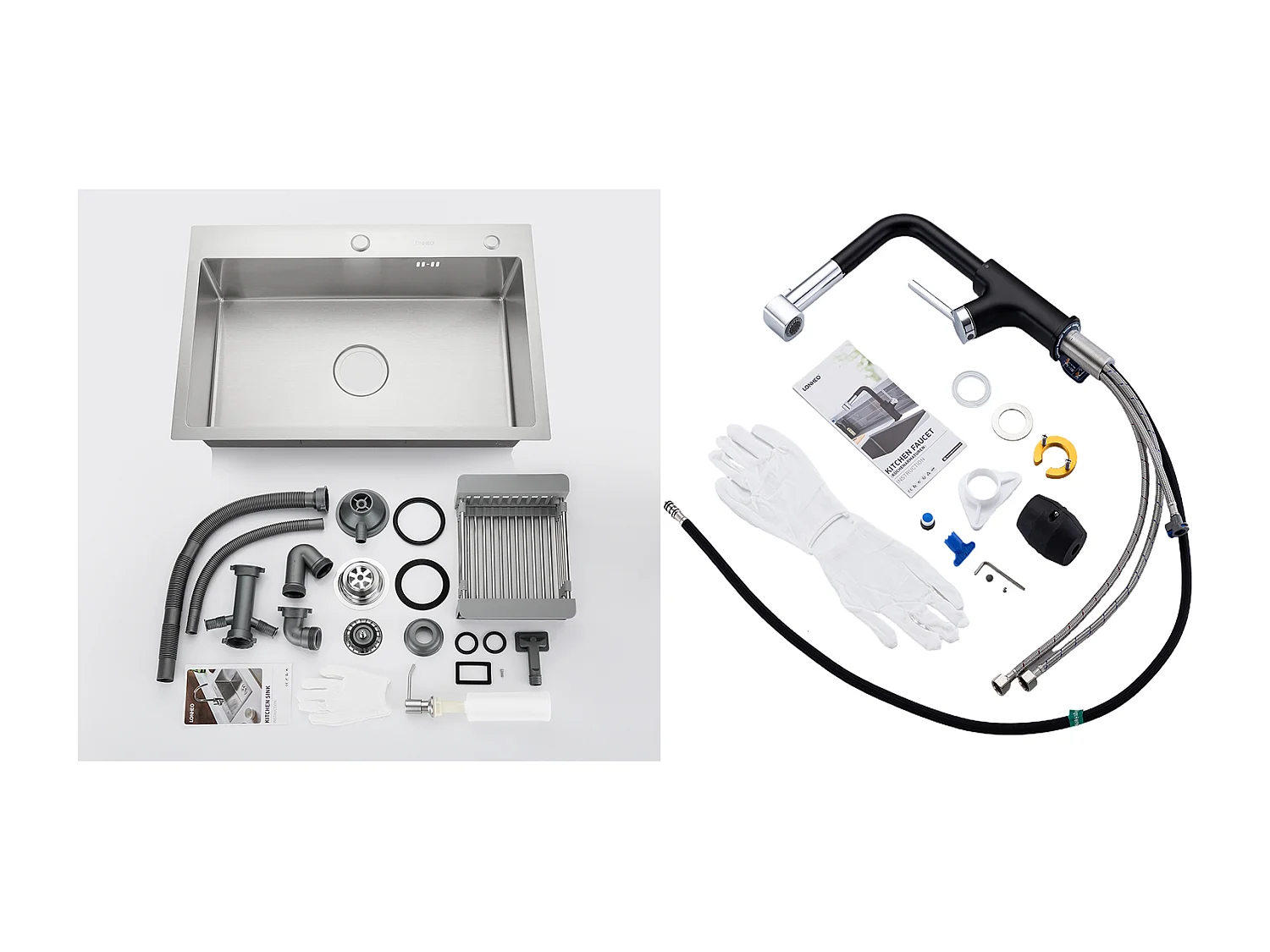 2 en1 Évier Cuisine Brossé 68x45x19CM avec Distrubuteur savon Égouttoir Panier+ Robinet de Cuisine Inox Extractible