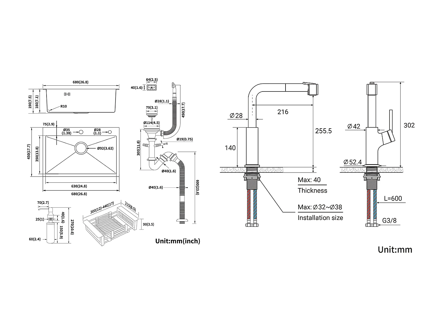 2 in1 Geborstelde Keukengootsteen 68x45x19CM met Zeepdistructeur Afdruiprek PaniEr+ Uittrekbare RVS Keukenkraan
