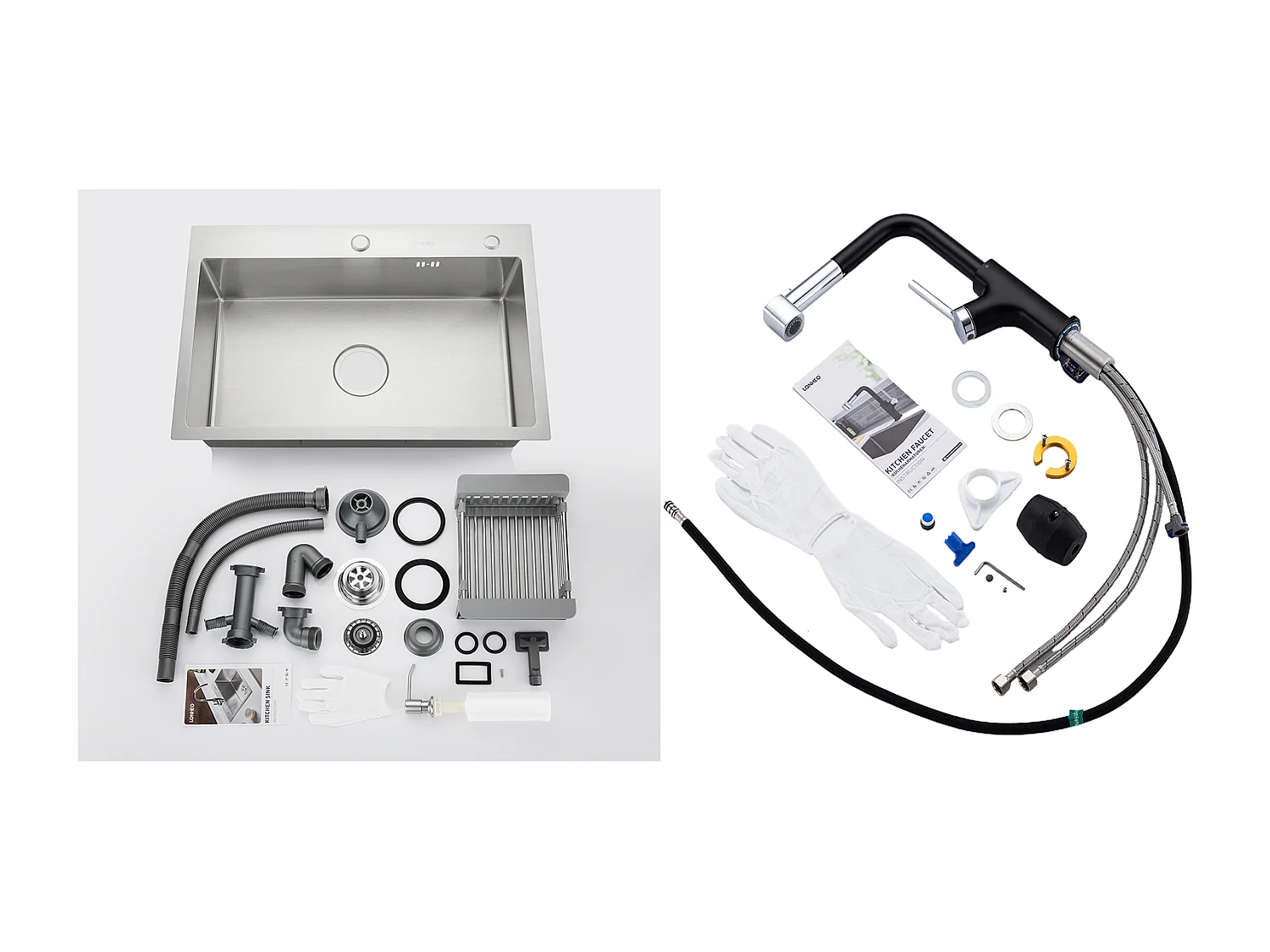 2 in1 Geborstelde Keukengootsteen 68x45x19CM met Zeepdistructeur Afdruiprek PaniEr+ Uittrekbare RVS Keukenkraan