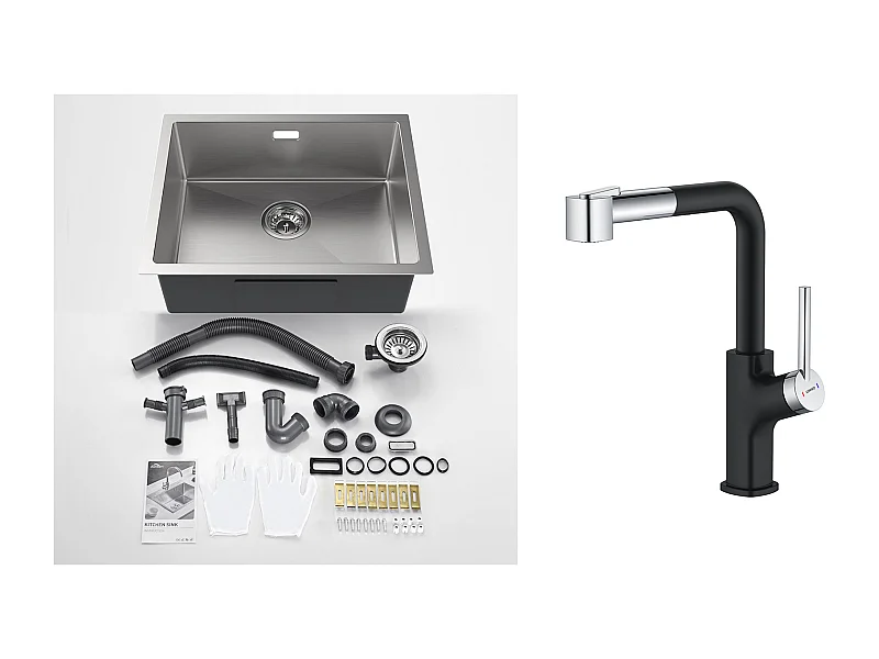 2 en1 Évier de Cuisine 1 Bac 55*44*19CM, à Encastrer/Fleur/ Sous-Plan, Brossé+ Robinet de Cuisine Inox Extractible Rotatif à 360 °