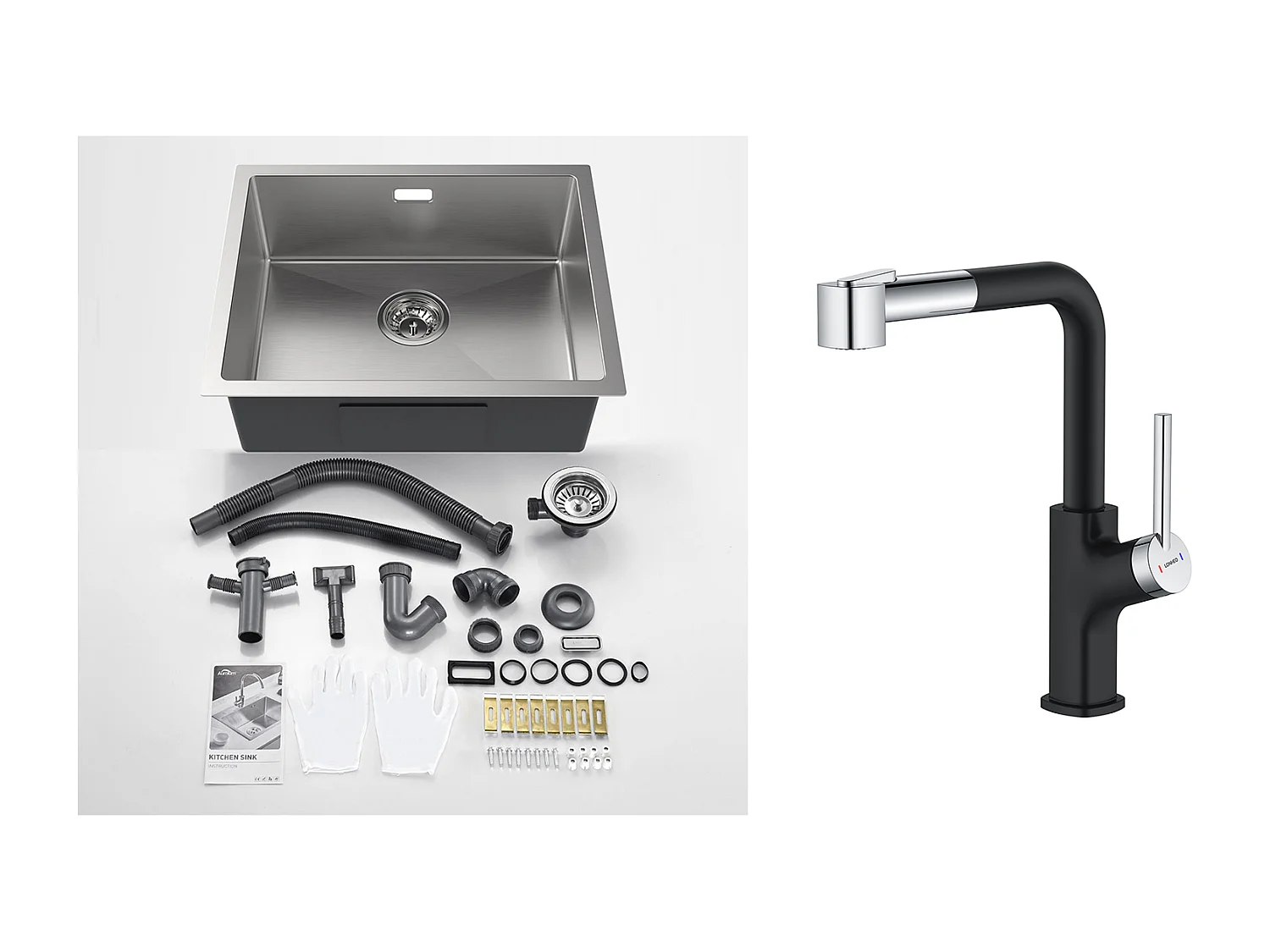 2 en1 Évier de Cuisine 1 Bac 55*44*19CM, à Encastrer/Fleur/ Sous-Plan, Brossé+ Robinet de Cuisine Inox Extractible Rotatif à 360 °