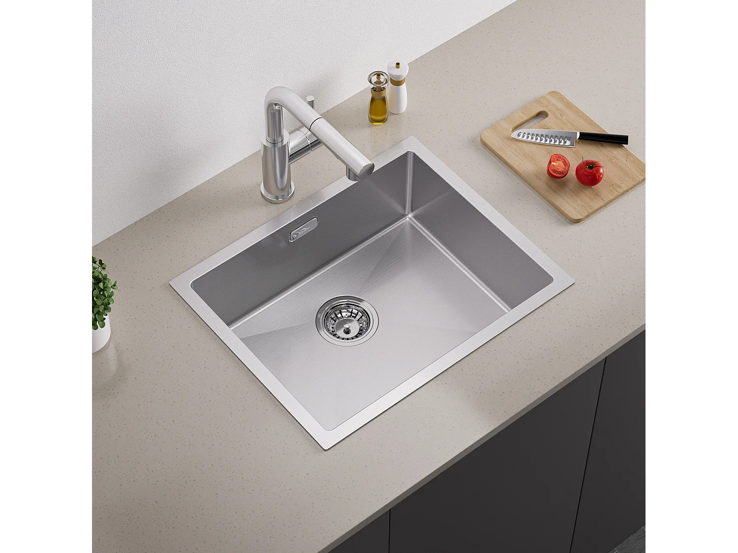 2 en1 Évier de Cuisine 1 Bac 55*44*19CM, à Encastrer/Fleur/ Sous-Plan, Brossé+ Robinet de Cuisine Inox Extractible Rotatif à 360 °