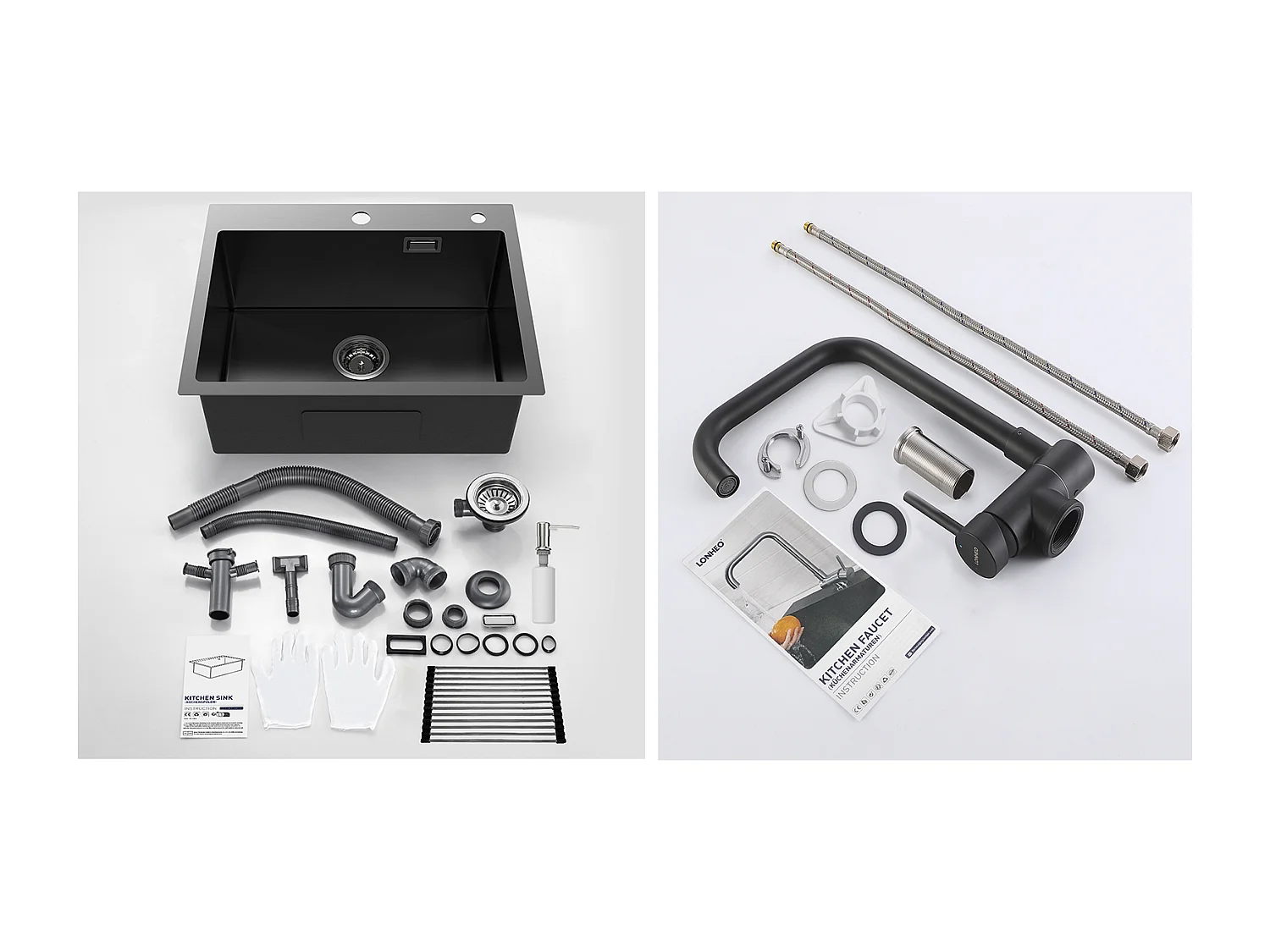 Évier Cuisine1Bac Noir 58*45*18CM,avec Egouttoir évier Enroulable/Distributeur Savon+Mitigeur Cuisine Rabattable Pivotant 360° ,Noir