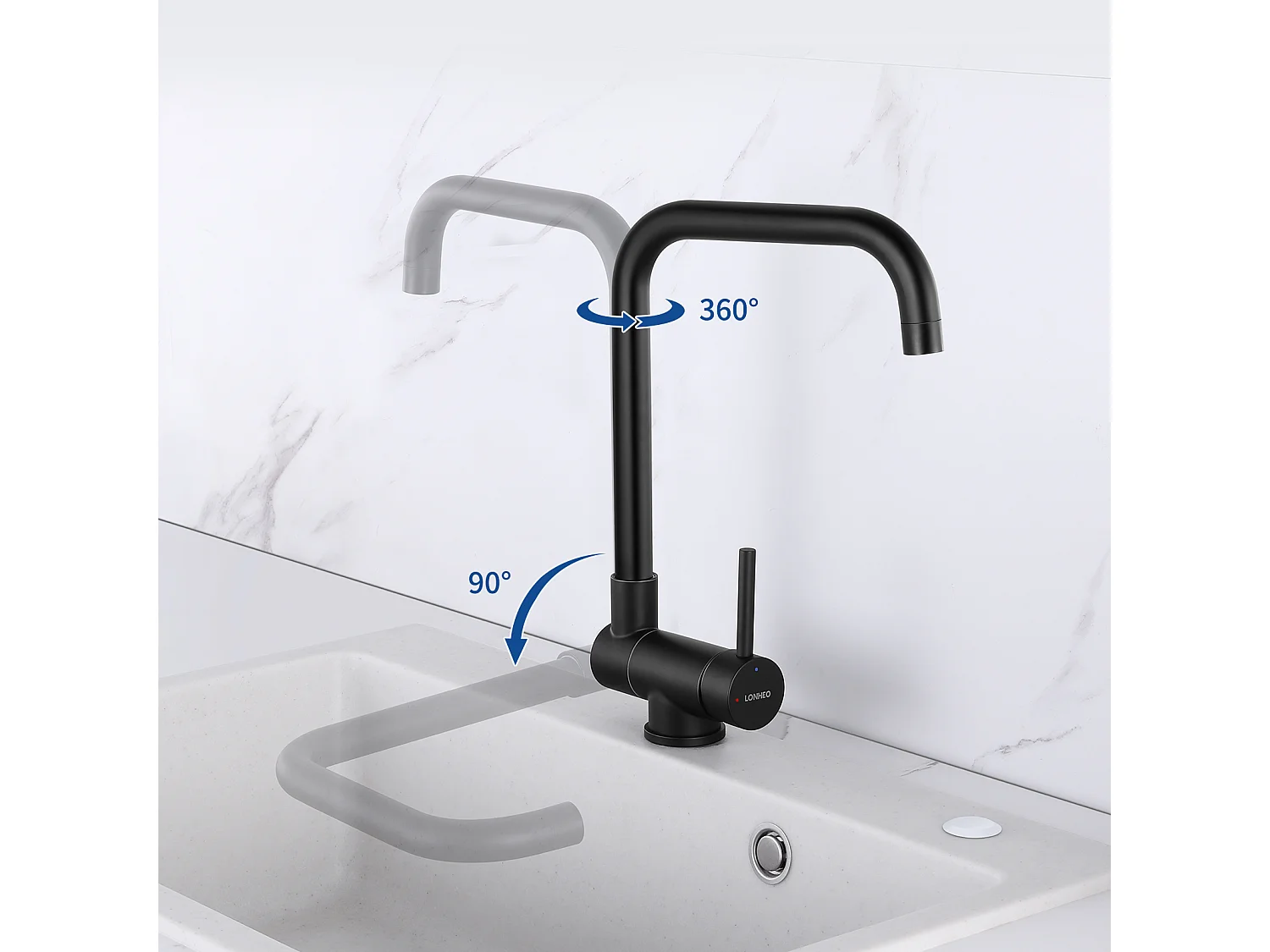 Évier Cuisine1Bac Noir 58*45*18CM,avec Egouttoir évier Enroulable/Distributeur Savon+Mitigeur Cuisine Rabattable Pivotant 360° ,Noir