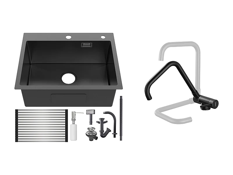 Évier Cuisine1Bac Noir 58*45*18CM,avec Egouttoir évier Enroulable/Distributeur Savon+Mitigeur Cuisine Rabattable Pivotant 360° ,Noir