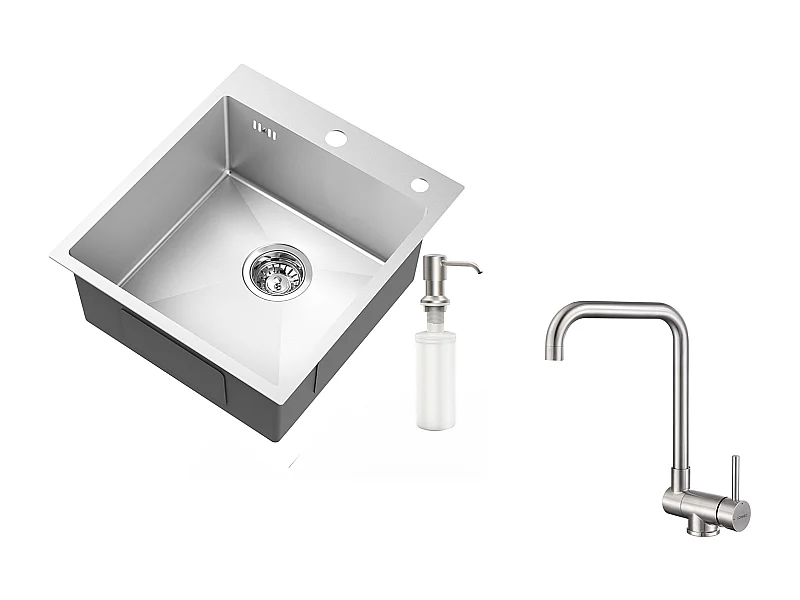 AuraLum Max Aanrecht 1Bak Zilver,44*49*20 CM,met Zeepdispenser,Rovs+Mengkraan Keuken Opklapbaar 360° Draaibaar Koud Water Warm,EU Model