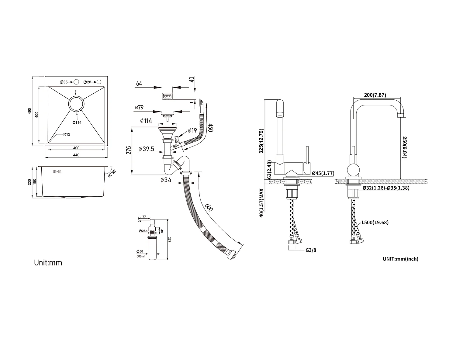AuraLum Max Aanrecht 1Bak Zilver,44*49*20 CM,met Zeepdispenser,Rovs+Mengkraan Keuken Opklapbaar 360° Draaibaar Koud Water Warm,EU Model