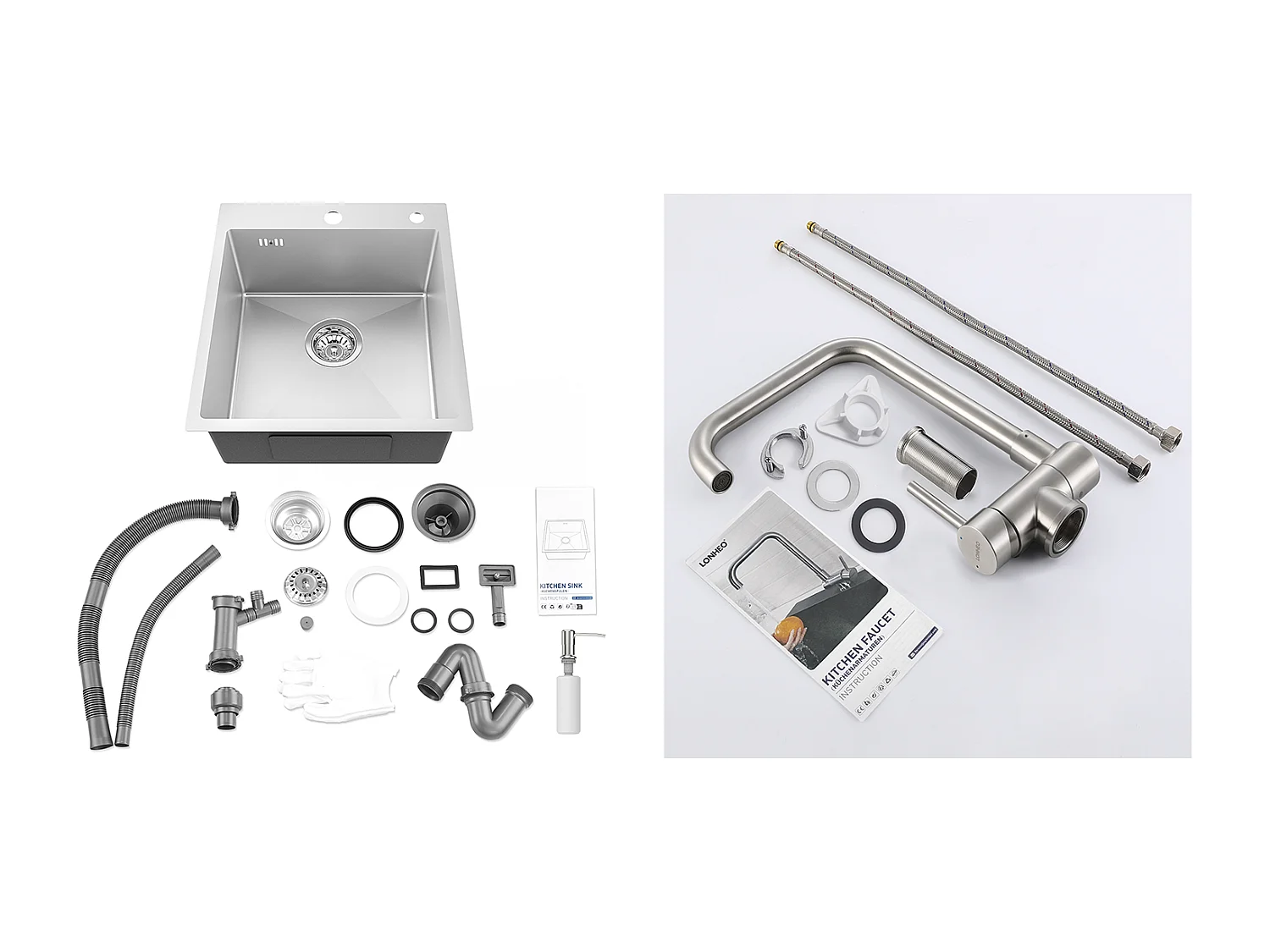 AuraLum Max Aanrecht 1Bak Zilver,44*49*20 CM,met Zeepdispenser,Rovs+Mengkraan Keuken Opklapbaar 360° Draaibaar Koud Water Warm,EU Model