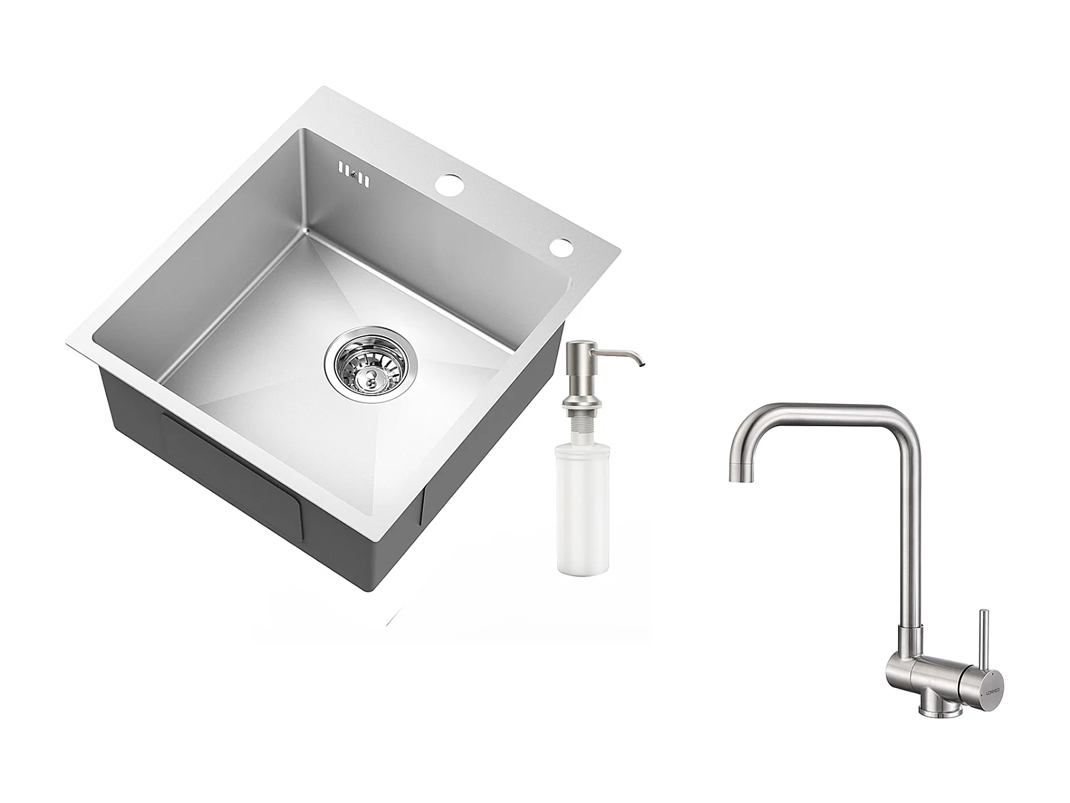 AuraLum Max Évier Cuisine 1Bac Argent,44*49*20 CM,avec Distributeur Savon,Inox+Mitigeur Cuisine Rabattable Pivotant 360° Eau froid Chaud,EU Modèle