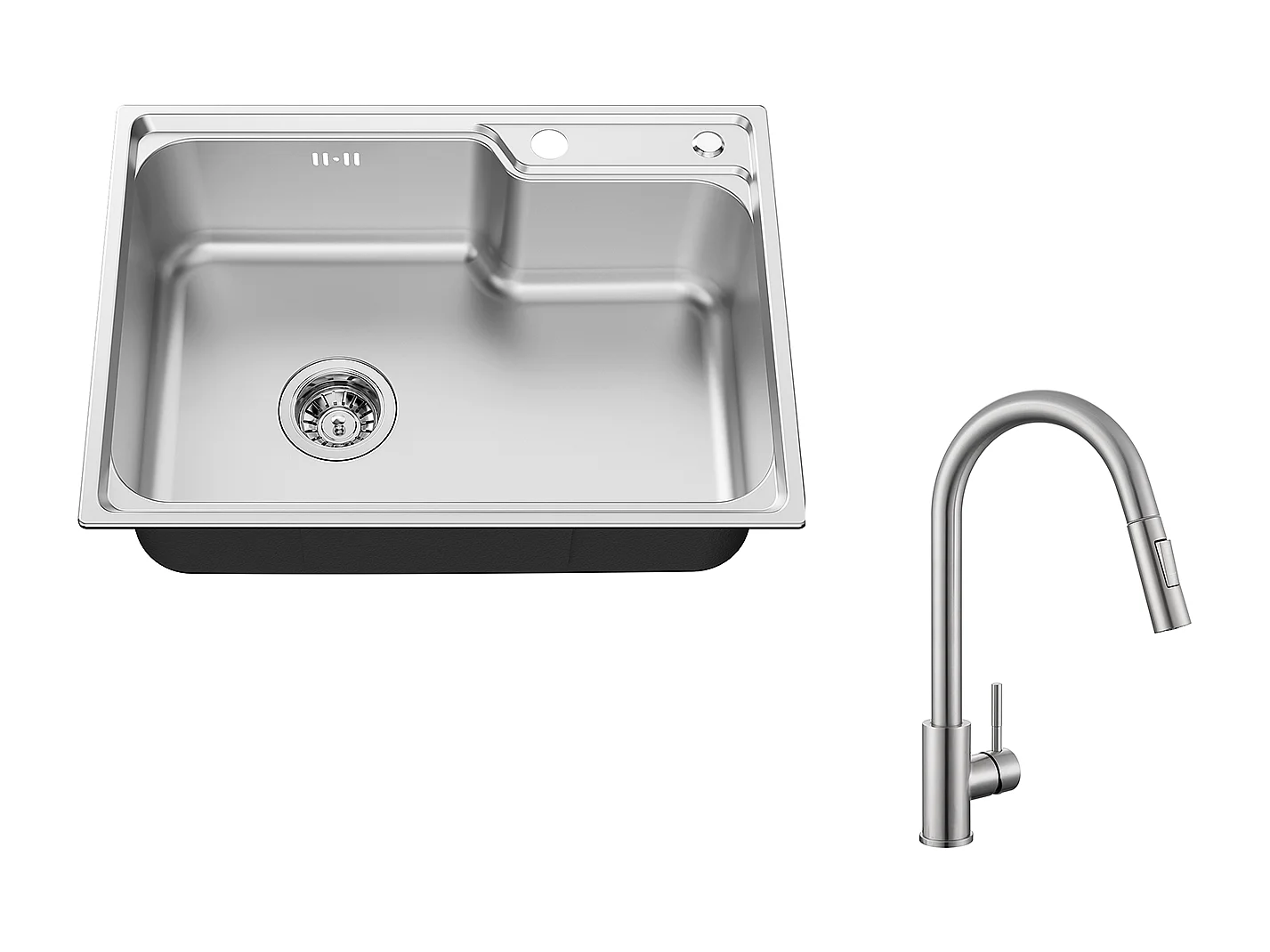 62*45*21CM Einzelbecken-Küchenspüle, PVD Nano Edelstahl-Aufsatzwaschbecken, Silber + Küchenmischbatterie mit ausziehbarem Sprühkopf, 360° drehbar, 2 Modi, gebürstet