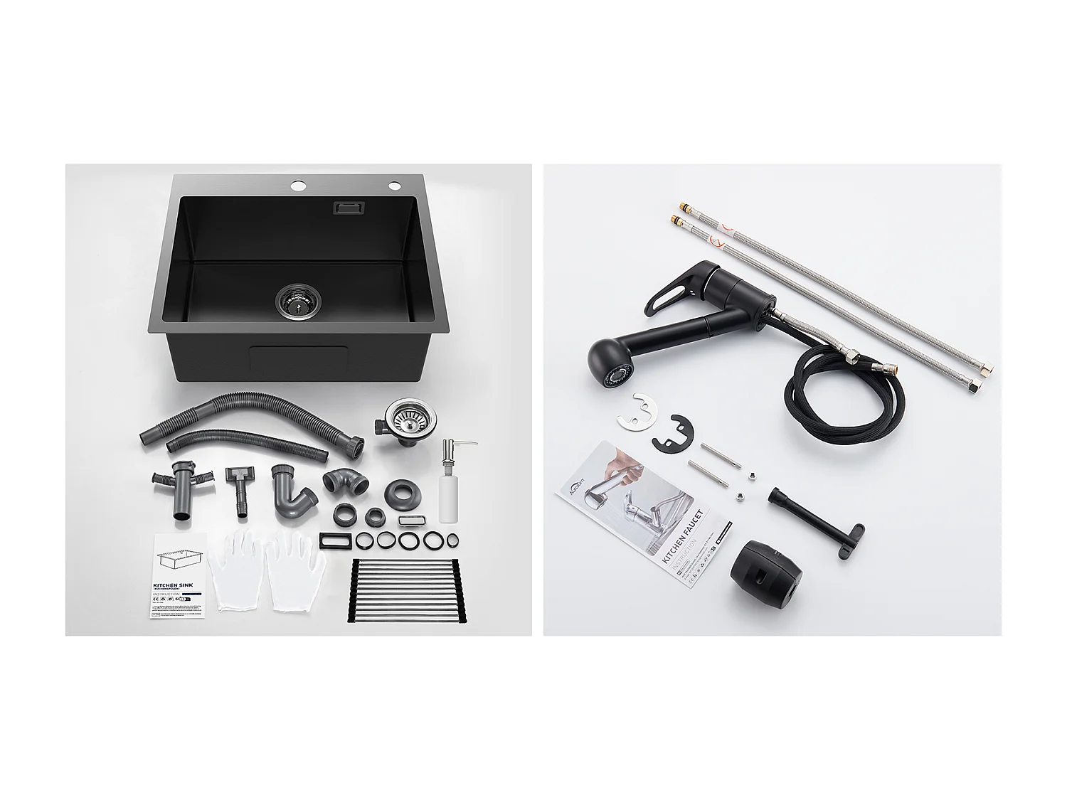 Évier Cuisine1Bac 58*45*18CM,avec Egouttoir évier Enroulable/Distributeur Savon+MitigeurCuisine avec Douchette Extractible Rotatif 360°,Noir
