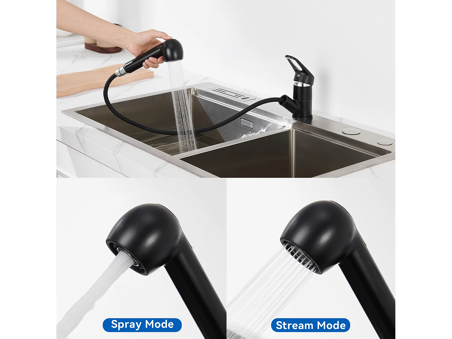 Évier Cuisine1Bac 58*45*18CM,avec Egouttoir évier Enroulable/Distributeur Savon+MitigeurCuisine avec Douchette Extractible Rotatif 360°,Noir