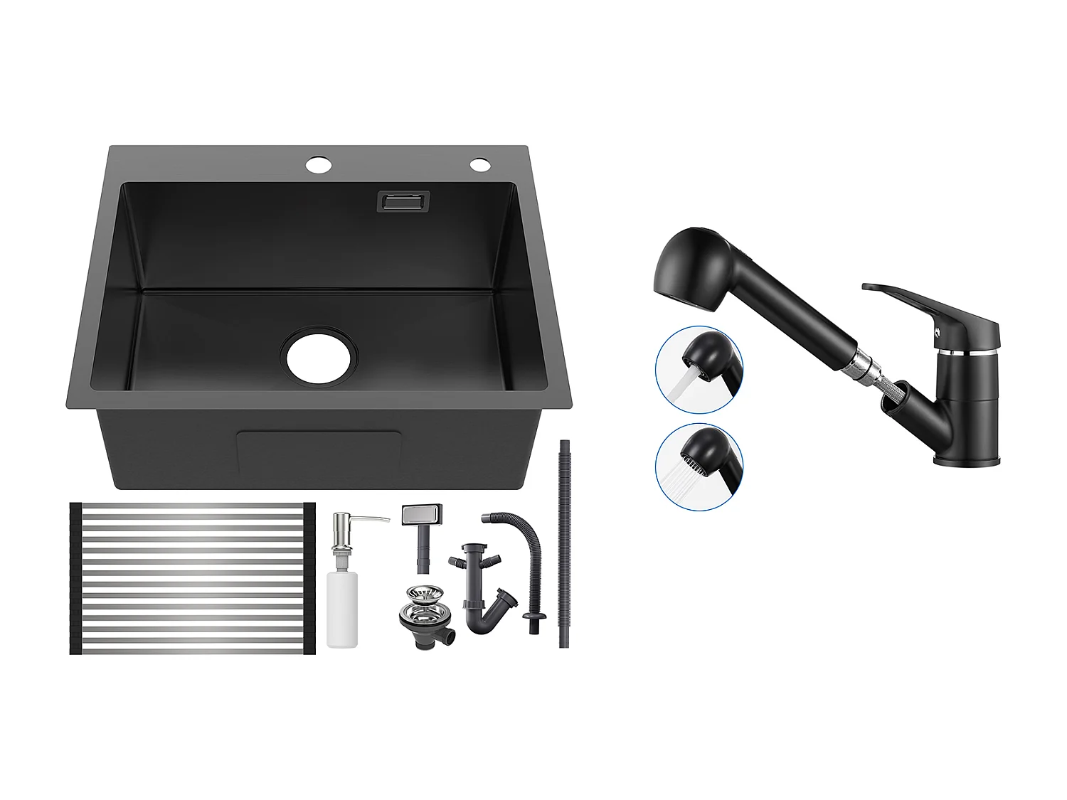 Évier Cuisine1Bac 58*45*18CM,avec Egouttoir évier Enroulable/Distributeur Savon+MitigeurCuisine avec Douchette Extractible Rotatif 360°,Noir