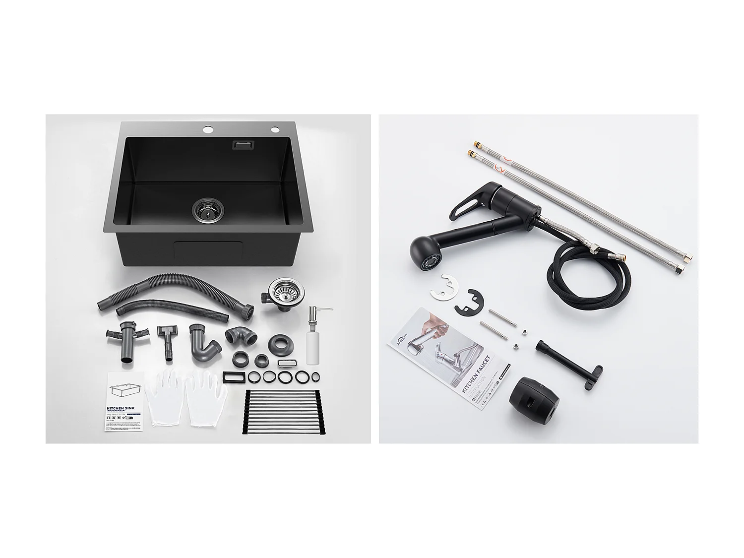 Évier Cuisine1Bac 58*45*18CM,avec Egouttoir évier Enroulable/Distributeur Savon+MitigeurCuisine avec Douchette Extractible Rotatif 360°,Noir