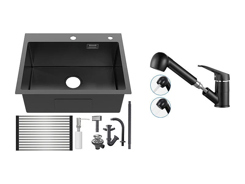 Évier Cuisine1Bac 58*45*18CM,avec Egouttoir évier Enroulable/Distributeur Savon+MitigeurCuisine avec Douchette Extractible Rotatif 360°,Noir