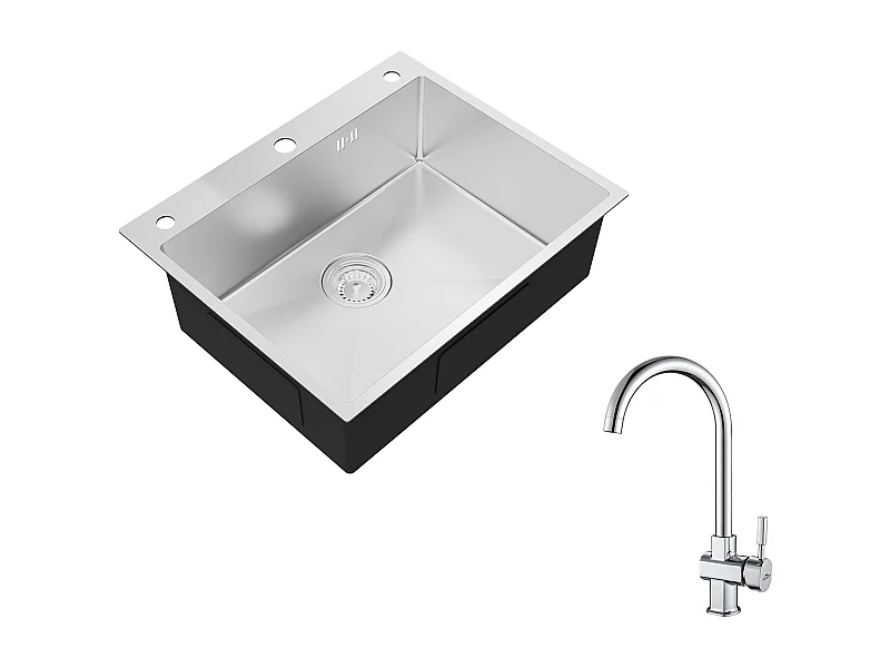 Auralum max Fregadero cocina empotrado,1 Bandeja,60*49*20CM,acero inoxidable 304,Silver+Grifo de Cocina Cromado Giratorio 360° Agua Fría / Caliente