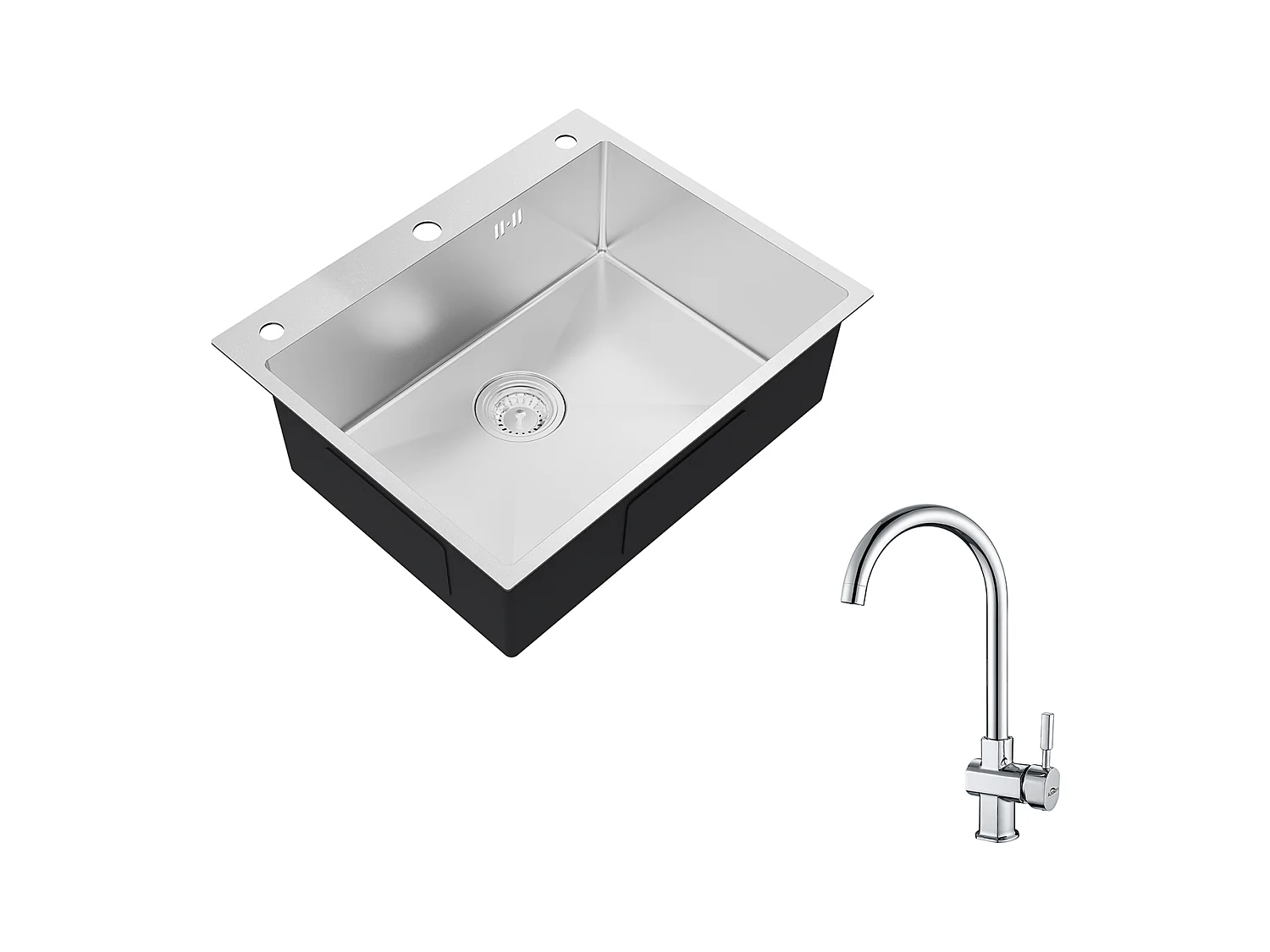 Auralum max Évier de Cuisine à Encastrer,1 Bac,60*49*20CM,Évier en inox 304,Silver+Robinet de Cuisine Chromé Pivotant à 360° Eau Froide /Chaude