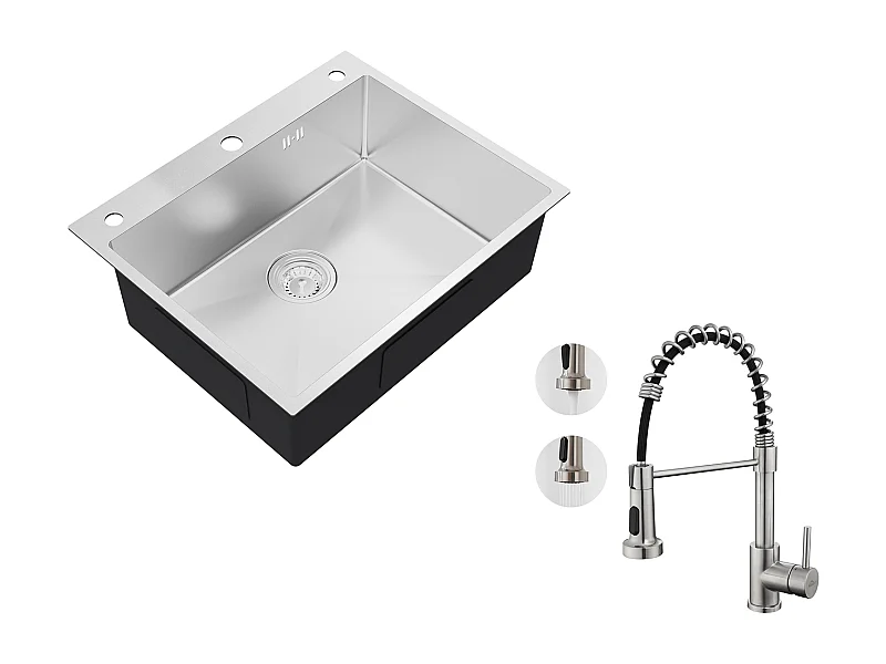 Auralum max Évier de Cuisine à Encastrer,1 Bac,60*49*20CM,Évier 1 Cuve en inox 304,Silver+Robinet Cuisine à Ressort avec Douchette Extensible,Brossé