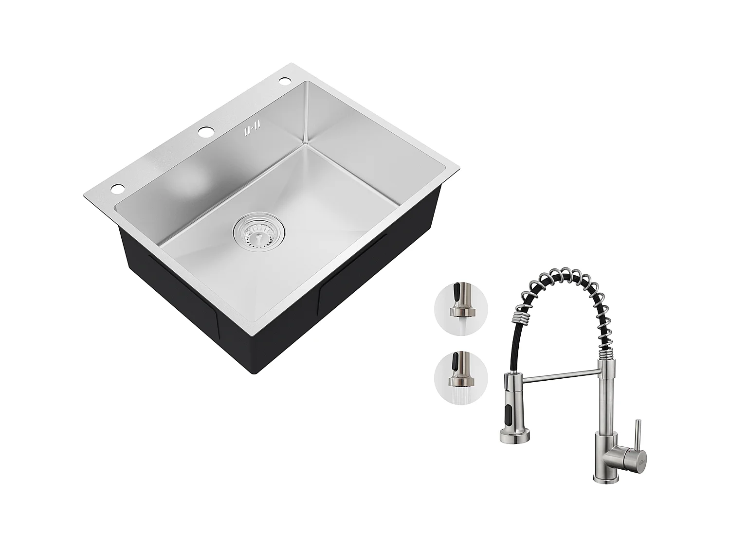 Auralum max Évier de Cuisine à Encastrer,1 Bac,60*49*20CM,Évier 1 Cuve en inox 304,Silver+Robinet Cuisine à Ressort avec Douchette Extensible,Brossé