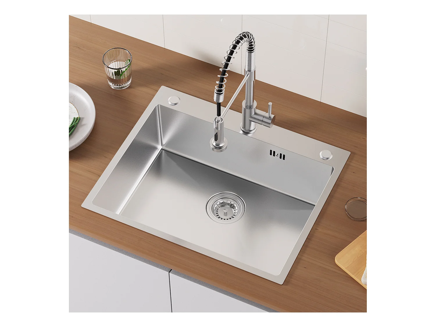 Auralum max Unterbauspüle, 1 Becken, 60 x 49 x 20 cm, Einzelspüle aus Edelstahl 304, Silber + Feder-Küchenarmatur mit ausziehbarer Brause, gebürstet