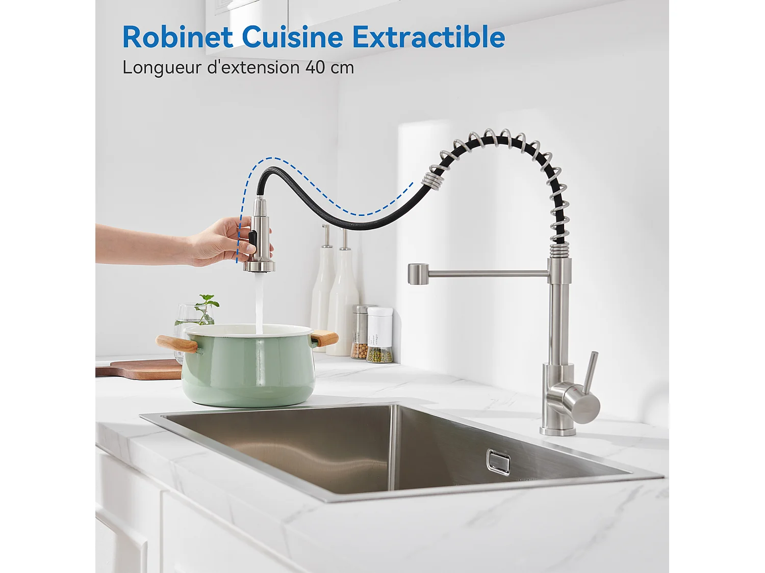 Auralum max Évier de Cuisine à Encastrer,1 Bac,60*49*20CM,Évier 1 Cuve en inox 304,Silver+Robinet Cuisine à Ressort avec Douchette Extensible,Brossé