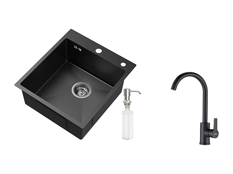 Schwarzes Einzelbecken-Spülbecken, Edelstahl, 44 x 49 x 20 cm, mit Seifenspender + 360° schwenkbarem Küchenmixer, abnehmbarem Sprudelwasserbehälter, schwarz