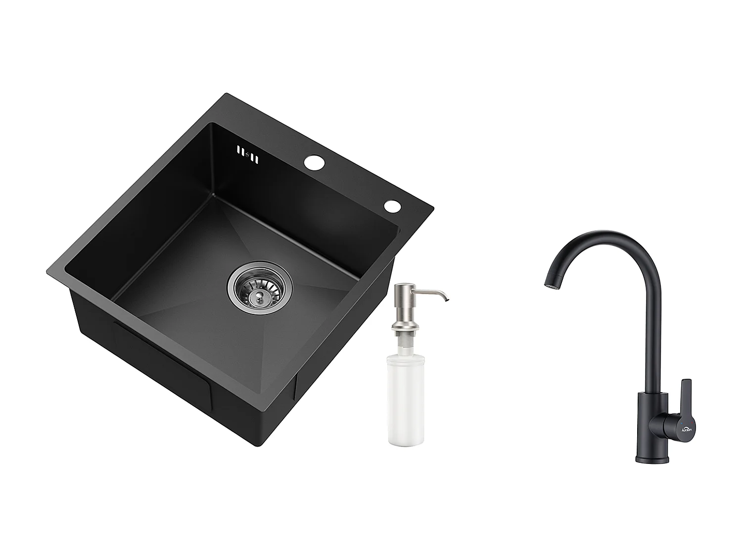 Schwarzes Einzelbecken-Spülbecken, Edelstahl, 44 x 49 x 20 cm, mit Seifenspender + 360° schwenkbarem Küchenmixer, abnehmbarem Sprudelwasserbehälter, schwarz