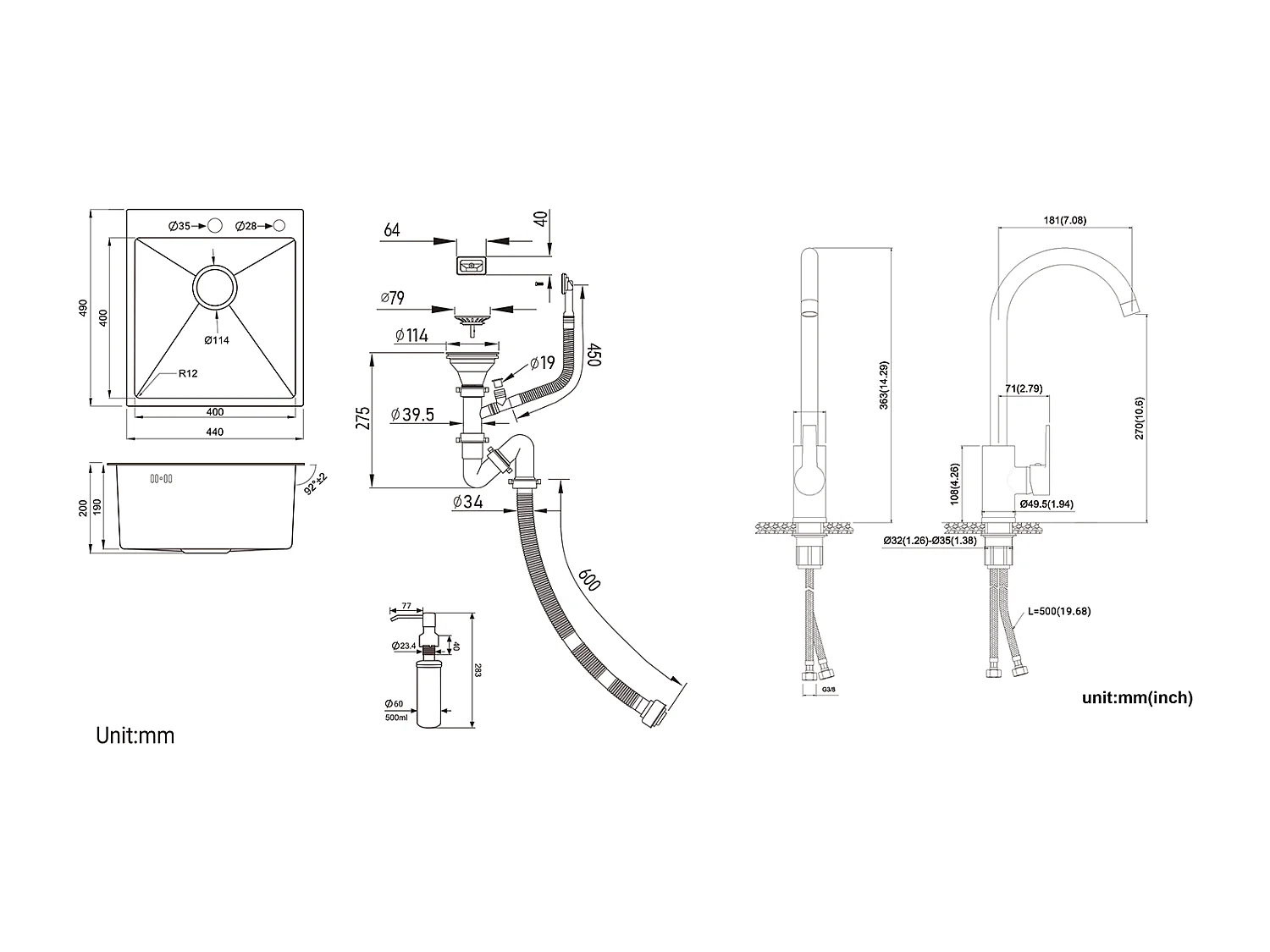 Évier de Cuisine 1 Bac Noir,Inox,44*49*20 CM,avec Distributeur Savon+Mitigeur Cuisine Pivotant à 360°,Barboteur Démontable,Noir