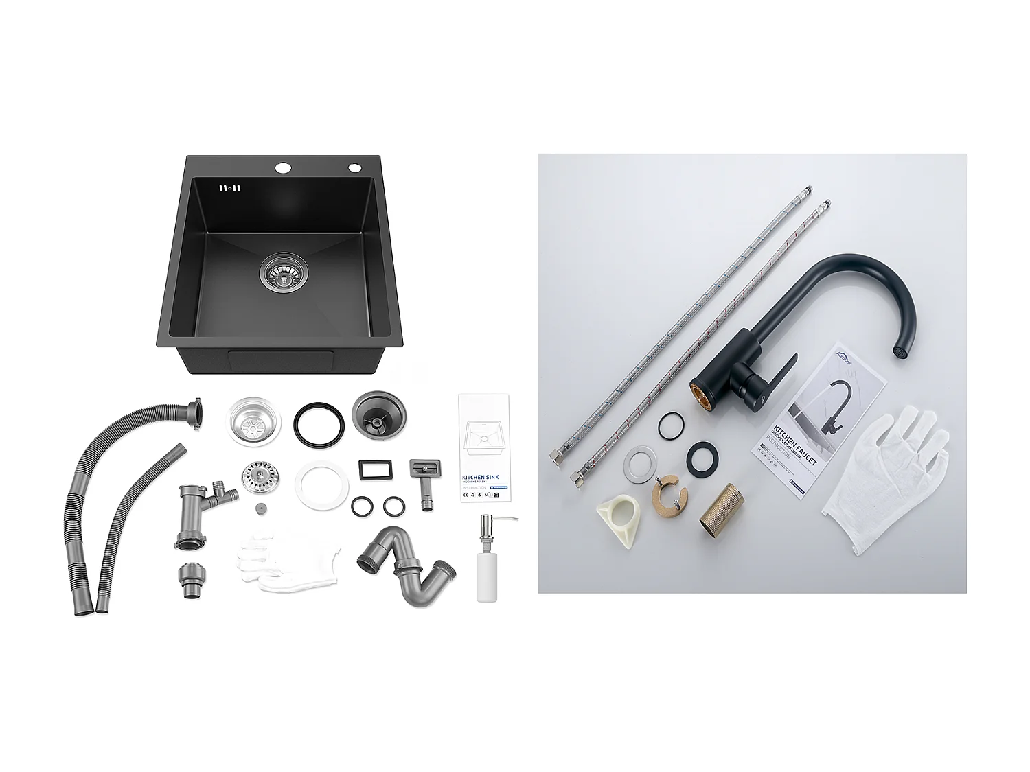 Évier de Cuisine 1 Bac Noir,Inox,44*49*20 CM,avec Distributeur Savon+Mitigeur Cuisine Pivotant à 360°,Barboteur Démontable,Noir