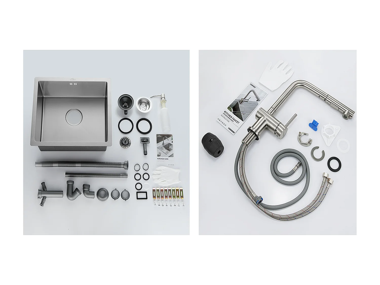 Évier de Cuisine Inox 1 Bac 50*43*18CM avec Distributeur de Savon+Robinet Cuisine Douchette Extractible Deux Jets Pivotant 360°