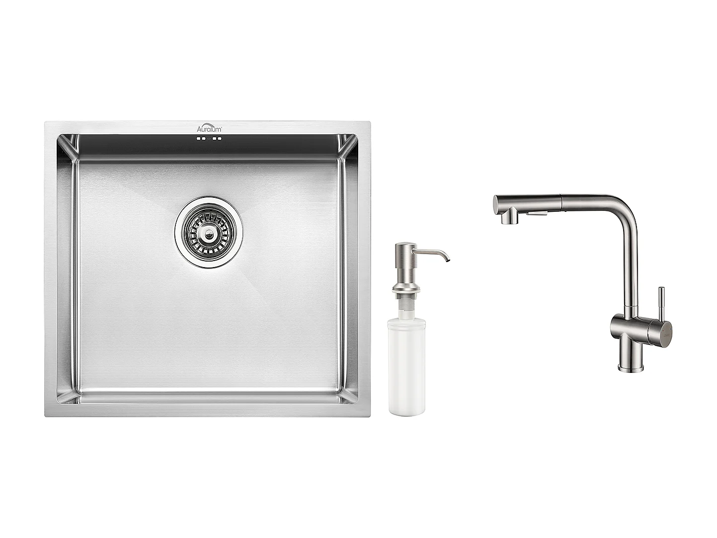 Évier de Cuisine Inox 1 Bac 50*43*18CM avec Distributeur de Savon+Robinet Cuisine Douchette Extractible Deux Jets Pivotant 360°