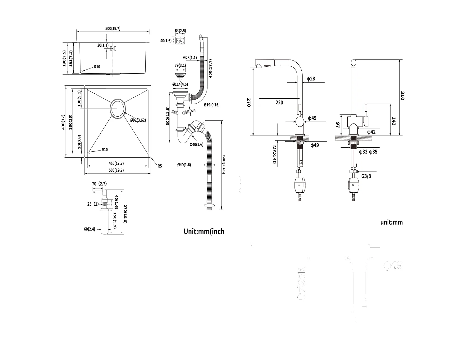 Évier de Cuisine Inox 1 Bac 50*43*18CM avec Distributeur de Savon+Robinet Cuisine Douchette Extractible Deux Jets Pivotant 360°