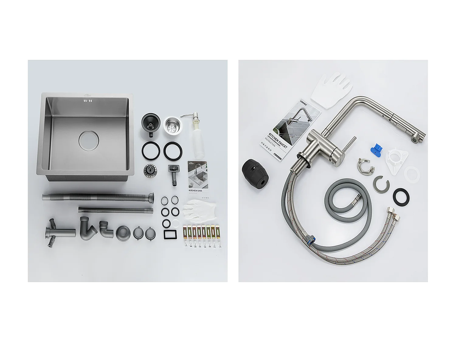 Évier de Cuisine Inox 1 Bac 50*43*18CM avec Distributeur de Savon+Robinet Cuisine Douchette Extractible Deux Jets Pivotant 360°