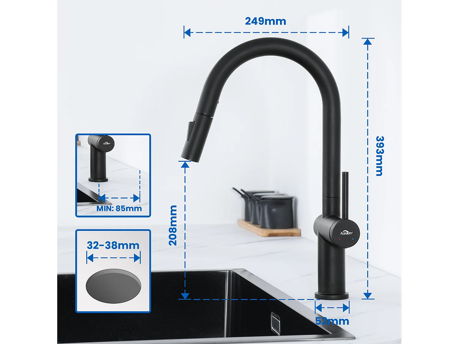 Auralum Max Évier Cuisine 1 Bac 62*45*21CM,en Inox PVD Nano Vasque à Poser,Noir+Robinet de cuisine rétractable à deux fonctions, Noir