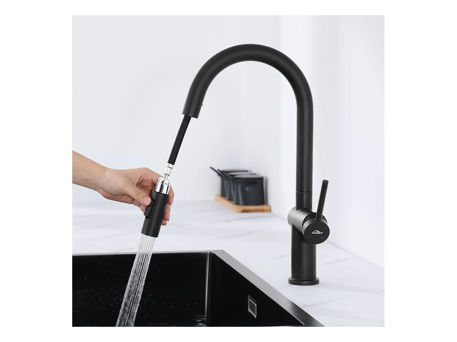 Auralum Max Aanrecht 1 Bak 62*45*21CM, RVS PVD Nano Wastafel metPoser,Zwart+Twee functies intrekbare keukenkraan, Zwart