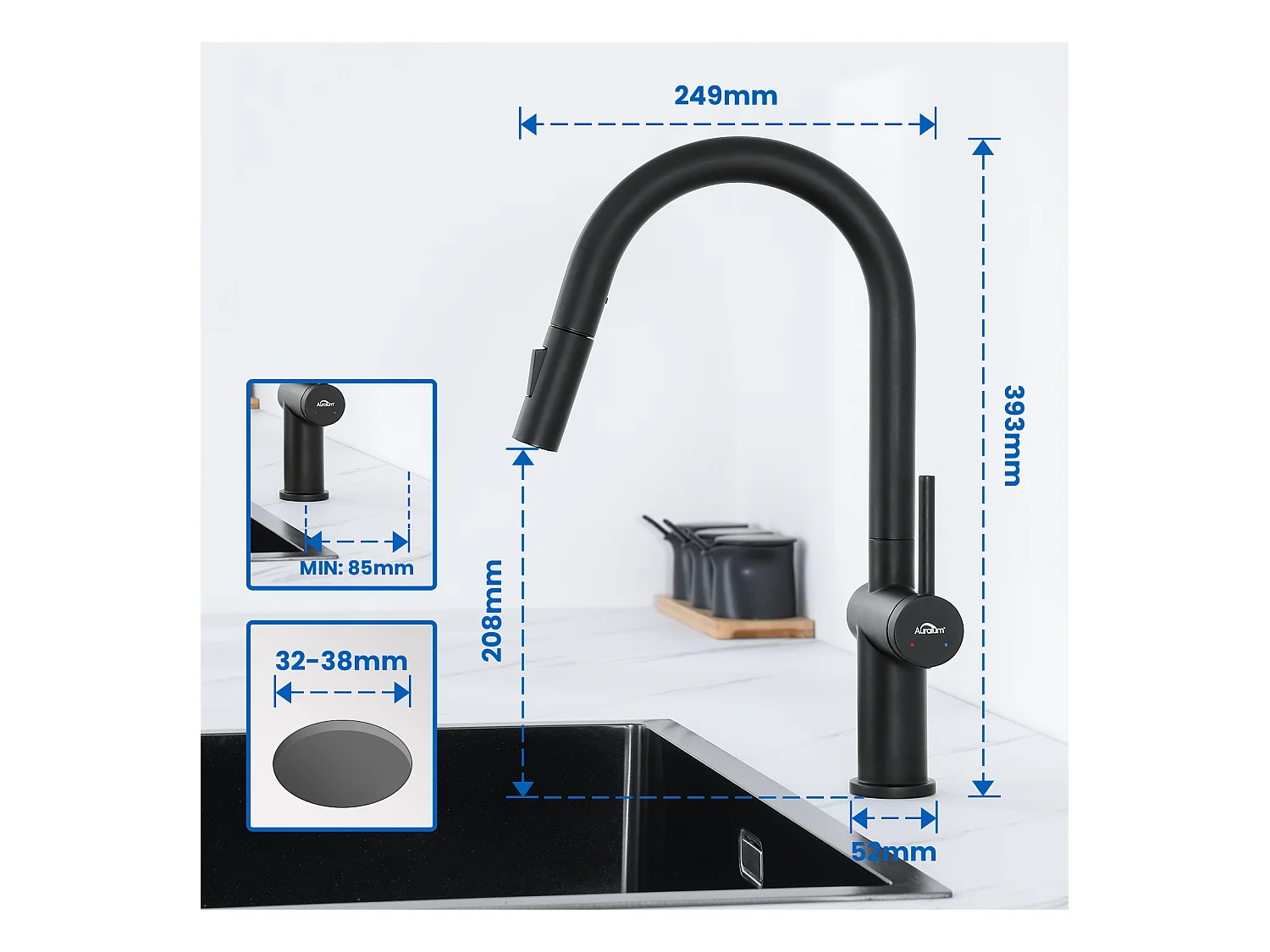 Auralum Max Aanrecht 1 Bak 62*45*21CM, RVS PVD Nano Wastafel metPoser,Zwart+Twee functies intrekbare keukenkraan, Zwart