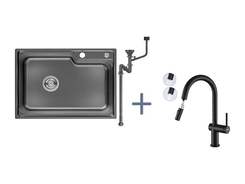 Fregadero Auralum MaxCocina 1 Bandeja 62*45*21CM, en Inox PVD Nano Lavabo para colocar,Negro+Grifo de cocina retráctil de dos funciones, Negro