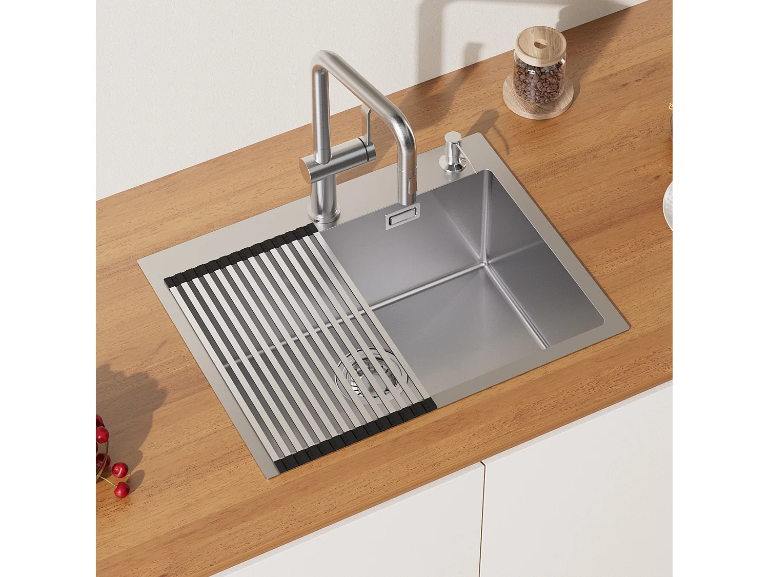 1 Becken Gebürstetes Küchenspülbecken, 58*45*18CM, Aufrollbare Abtropffläche, Seifenspender + 360° schwenkbarer Chrom-Küchenhahn Kalt-/Warmwasser