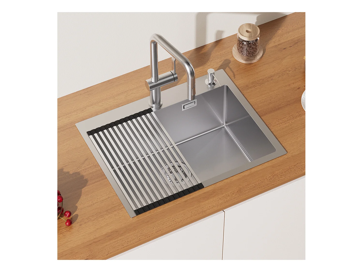Évier Cuisine 1 Bac Brossé,58*45*18CM,Égouttoir Énroulable, Distributeur Savon+ Robinet de Cuisine Chromé Pivotant à 360° Eau Froide /Chaude