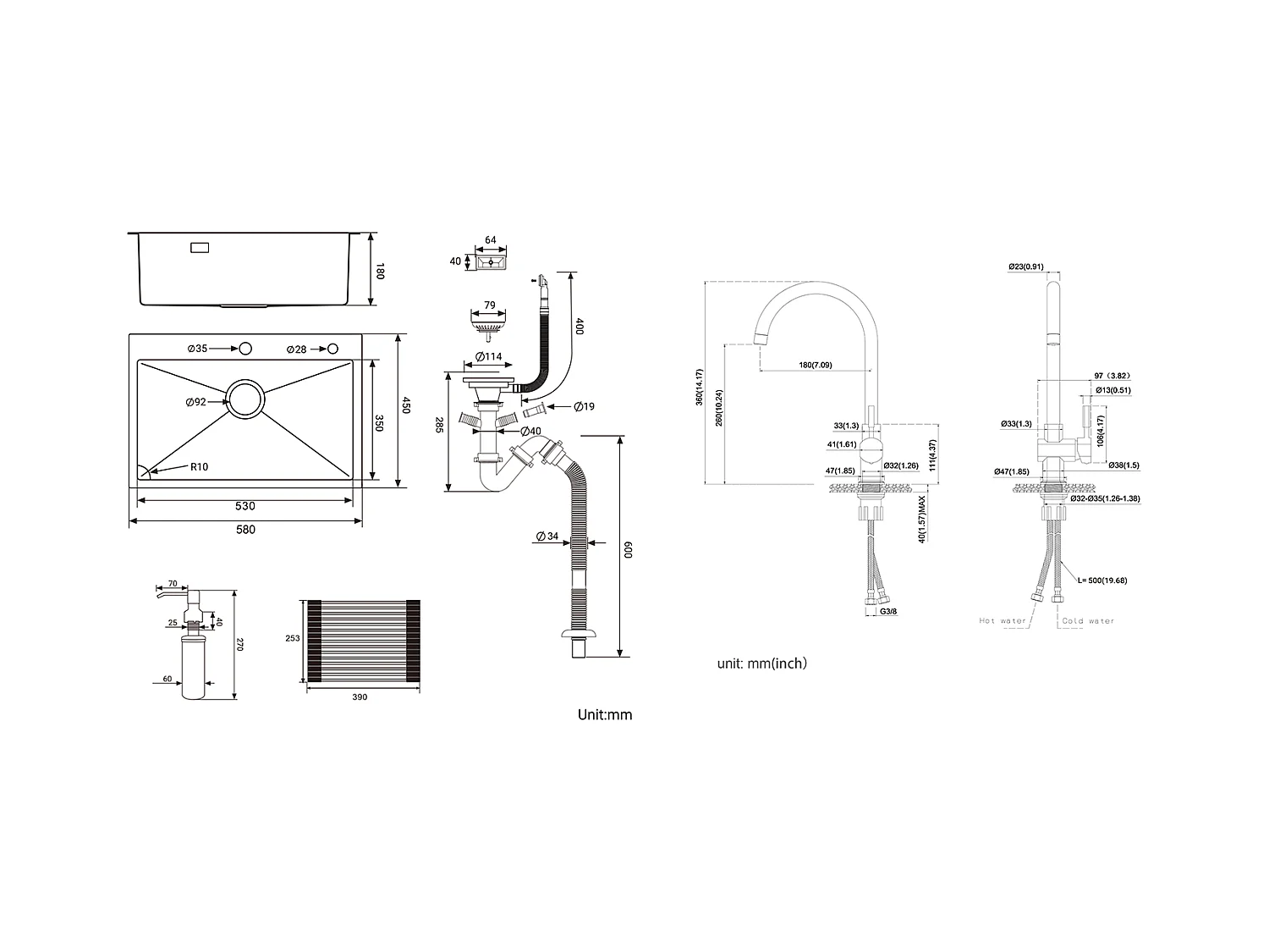 Évier Cuisine 1 Bac Brossé,58*45*18CM,Égouttoir Énroulable, Distributeur Savon+ Robinet de Cuisine Chromé Pivotant à 360° Eau Froide /Chaude