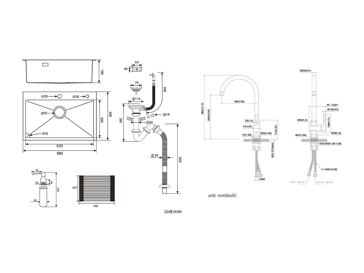 Aanrecht 1 Bak Brossé,58*45*18CM, oprolbare afdruiprek, zeepdispenser + verchroomde keukenkraan 360° draaibaar koud/warm water