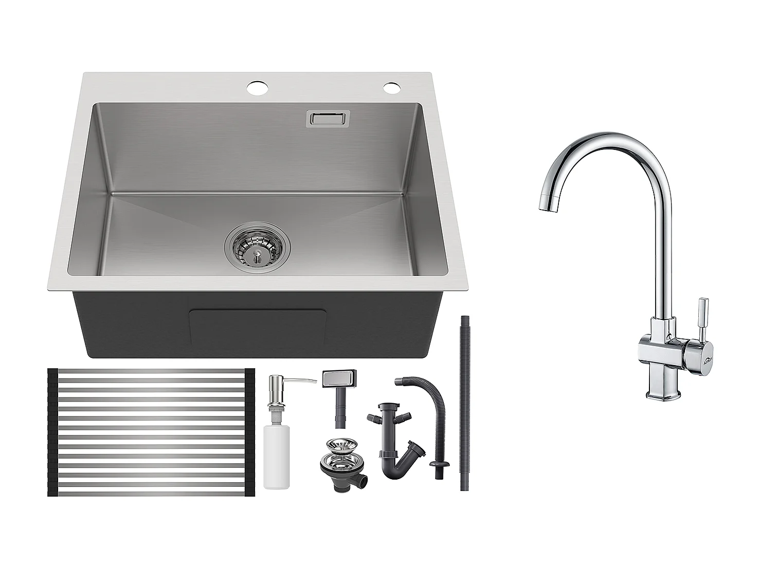 Évier Cuisine 1 Bac Brossé,58*45*18CM,Égouttoir Énroulable, Distributeur Savon+ Robinet de Cuisine Chromé Pivotant à 360° Eau Froide /Chaude
