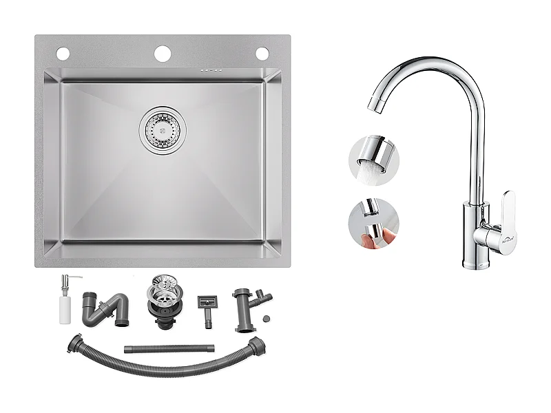 Fregadero Cocina 54*49*20 CM,Empotrable/en Flor de Plano con Dispensador Jabón,Plata+Elegante Mezclador Cocina Cromado,Pivotante 360°