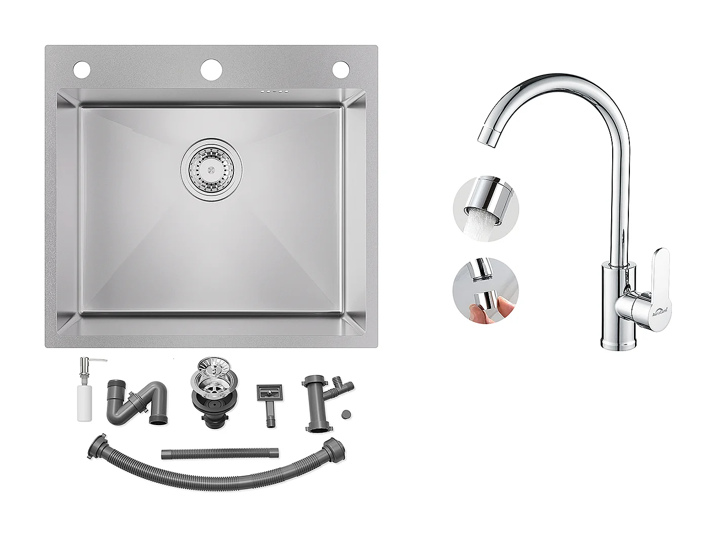 Küchenspüle 54 x 49 x 20 cm, Einbauspüle/Unterputzmontage mit Seifenspender, silberfarben + eleganter Küchenmischhahn aus Chrom, 360° schwenkbar
