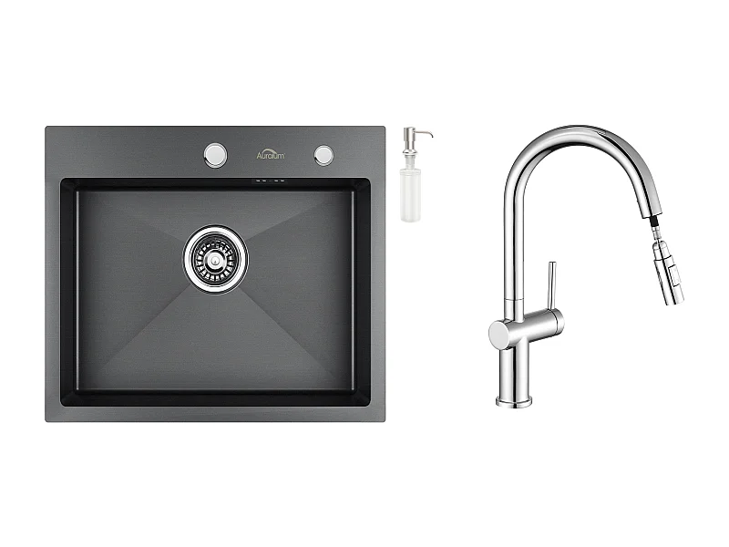 1 Becken Küchenspüle 55*45CM Schwarz + Ausziehbarer Küchenhahn mit zwei Funktionen, Chrom